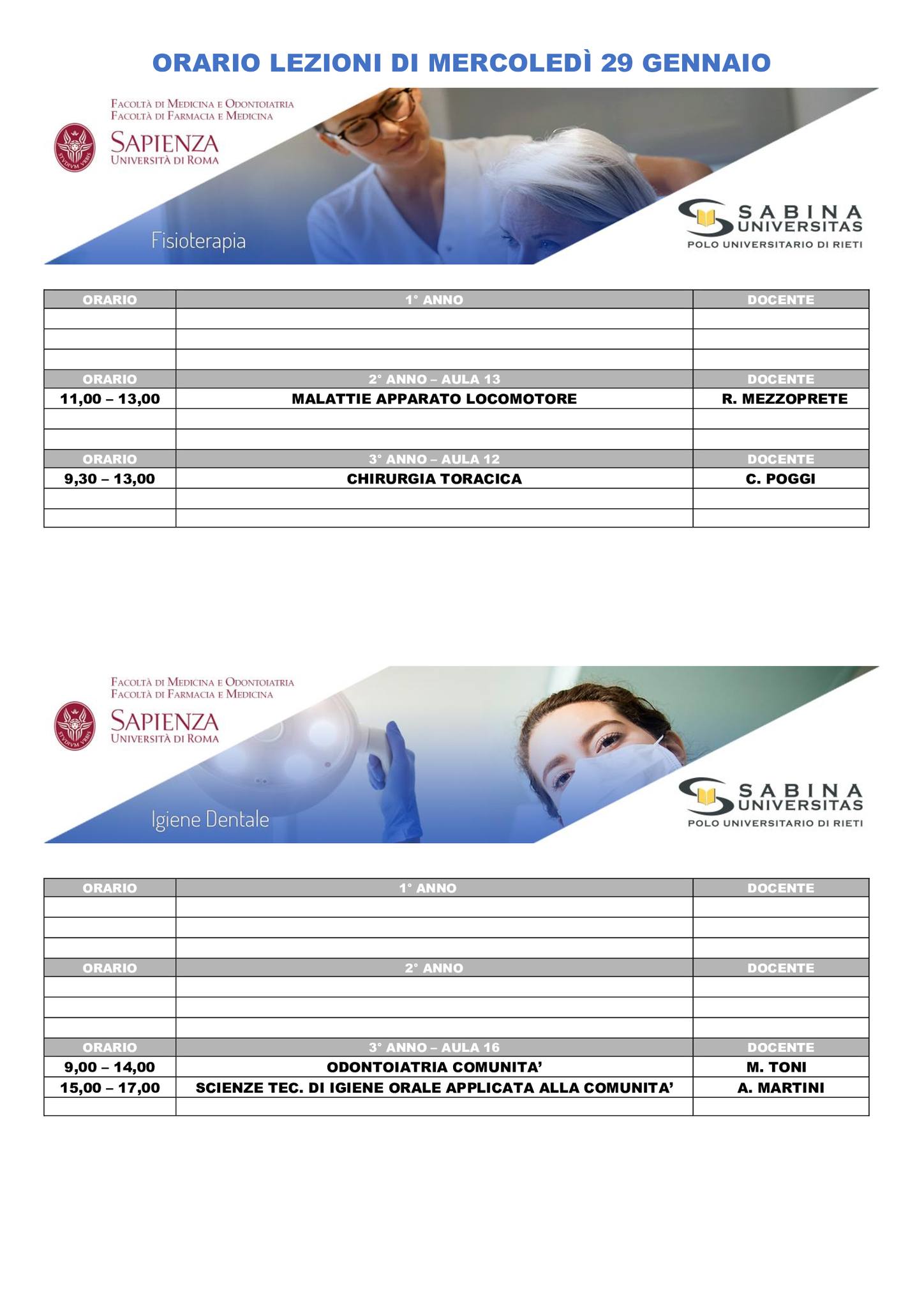 Professioni Sanitarie: orario lezioni di mercoledì 29 gennaio