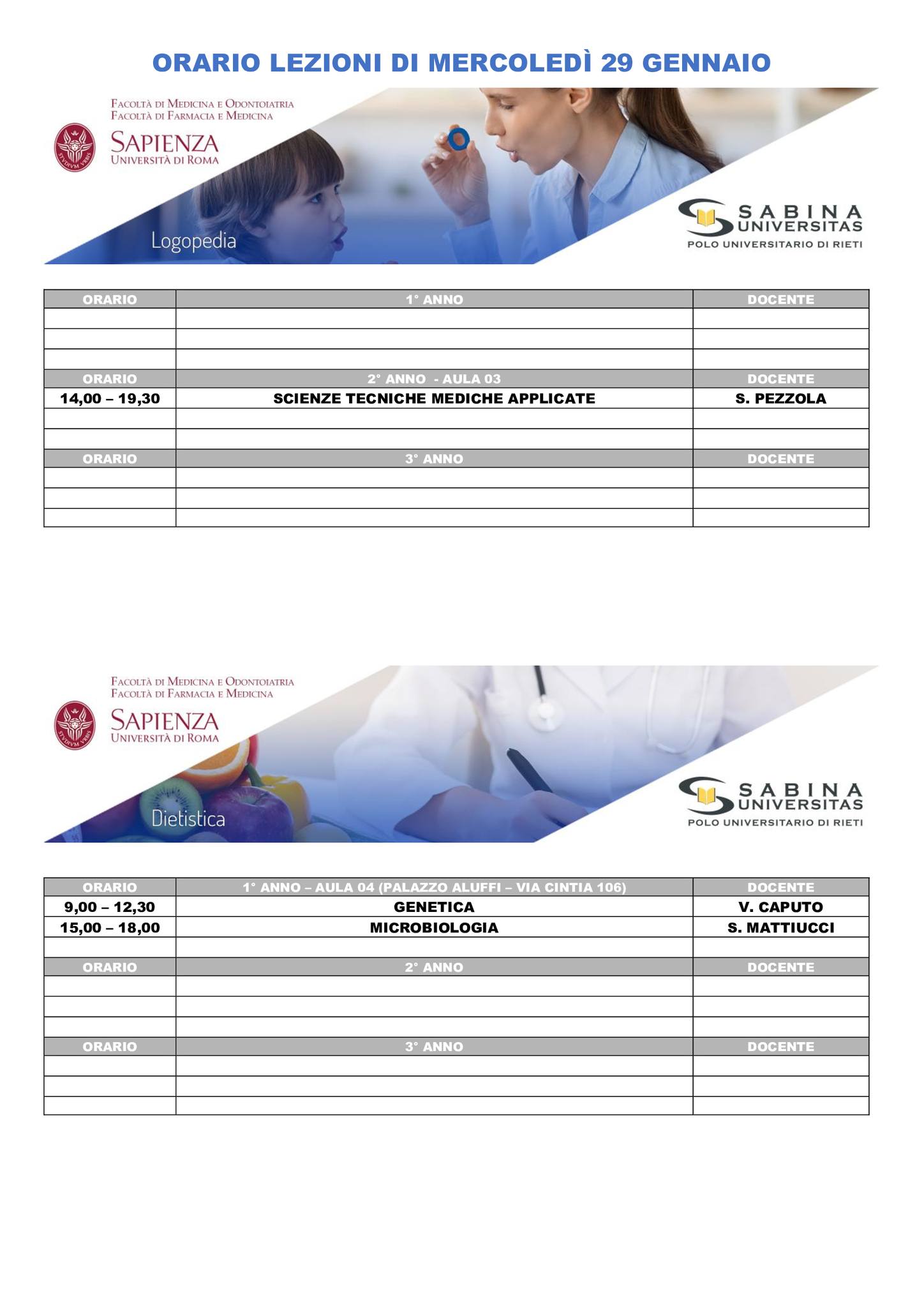 Professioni Sanitarie: orario lezioni di mercoledì 29 gennaio