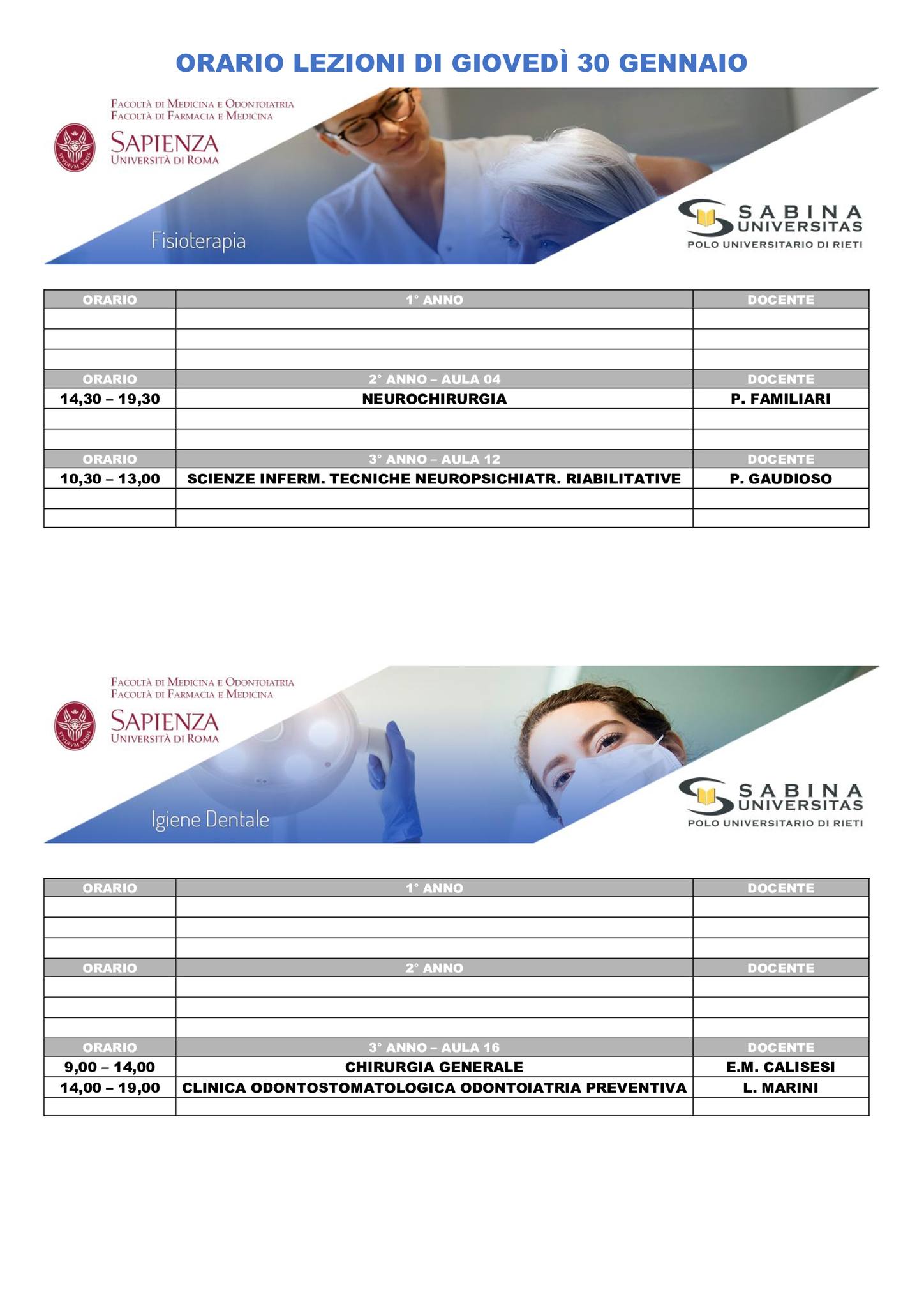 Professioni Sanitarie: orario lezioni di giovedì 30 gennaio